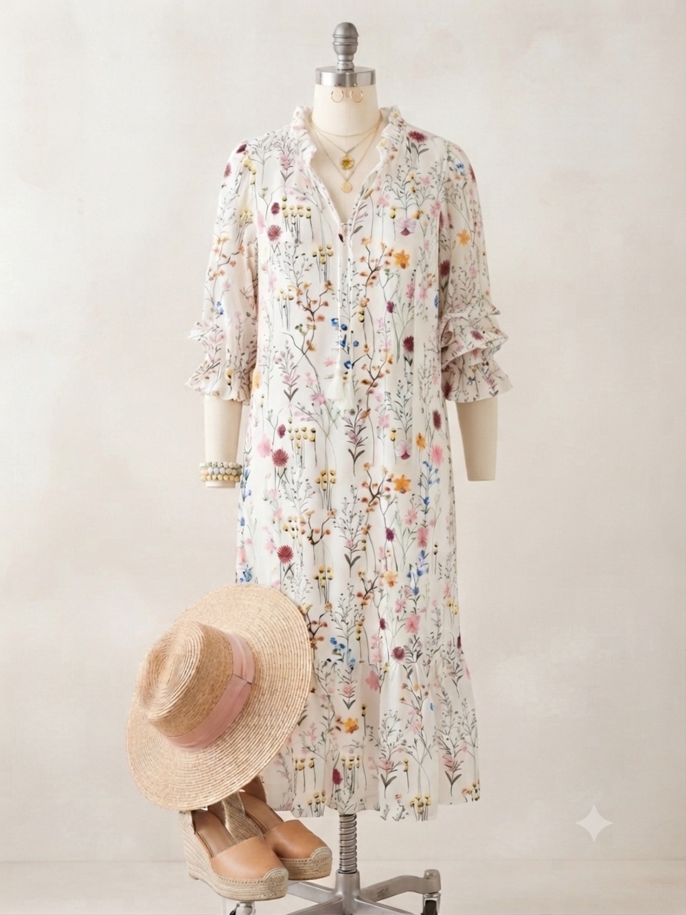 Floral Tiered Ruffle Maxi Dress in Ivory with Pastel Print